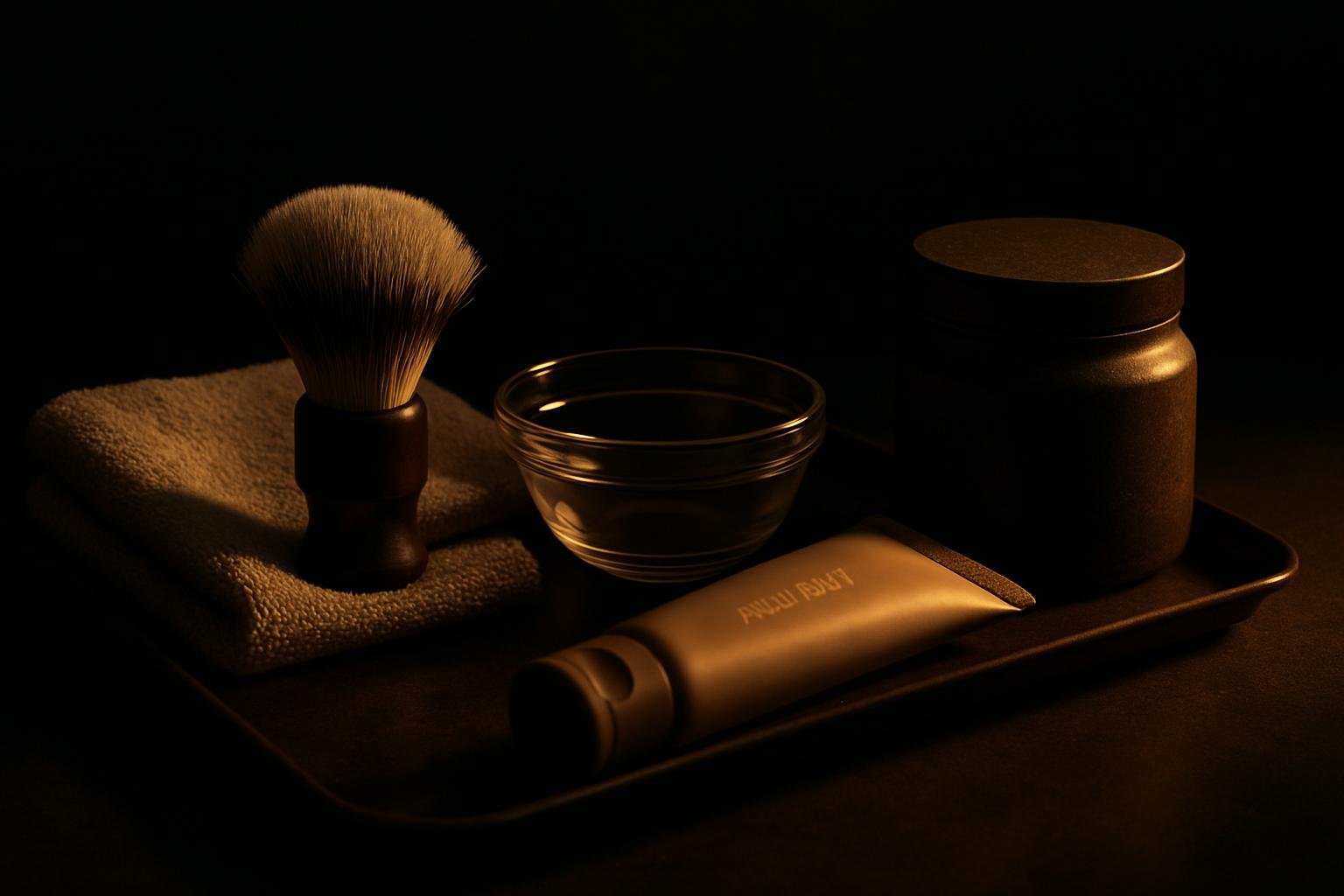 a neatly arranged tray with a small glass bowl, a soft brush, a tube marked aha/bha (blurred), a clay jar, and a clean towel under soft evening light