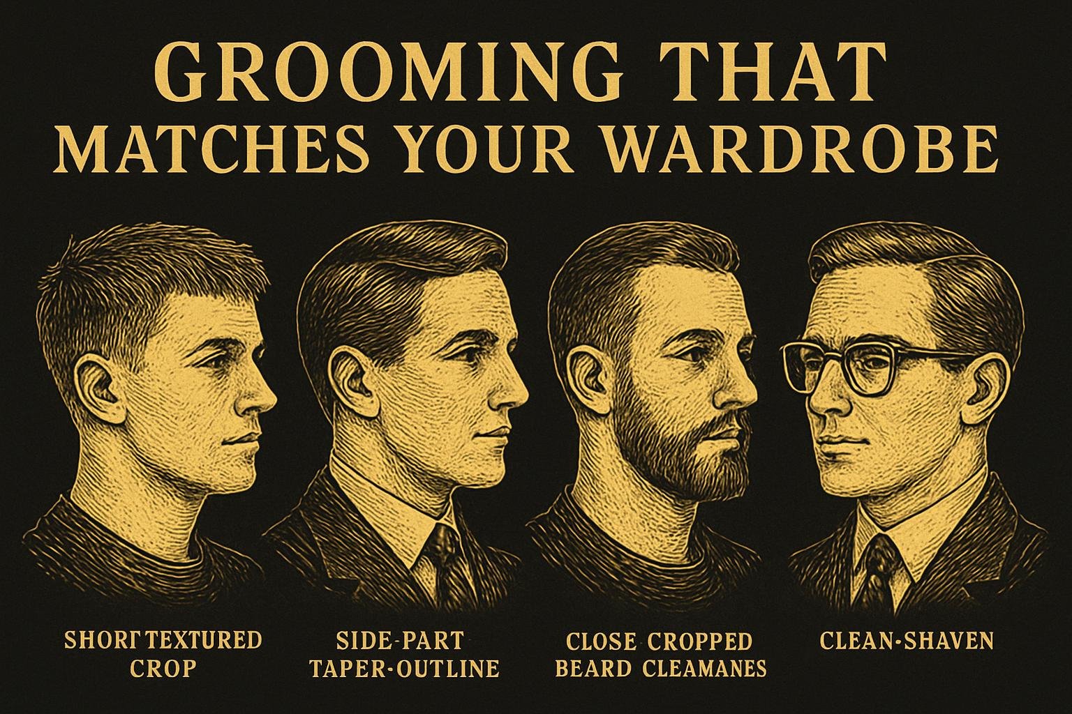 four etched gentleman profiles showing grooming updates: short textured crop with tapered sides; side-part taper with soft outline; close-cropped beard with clean cheek/neck lines; clean-shaven with classic square aviator frames
