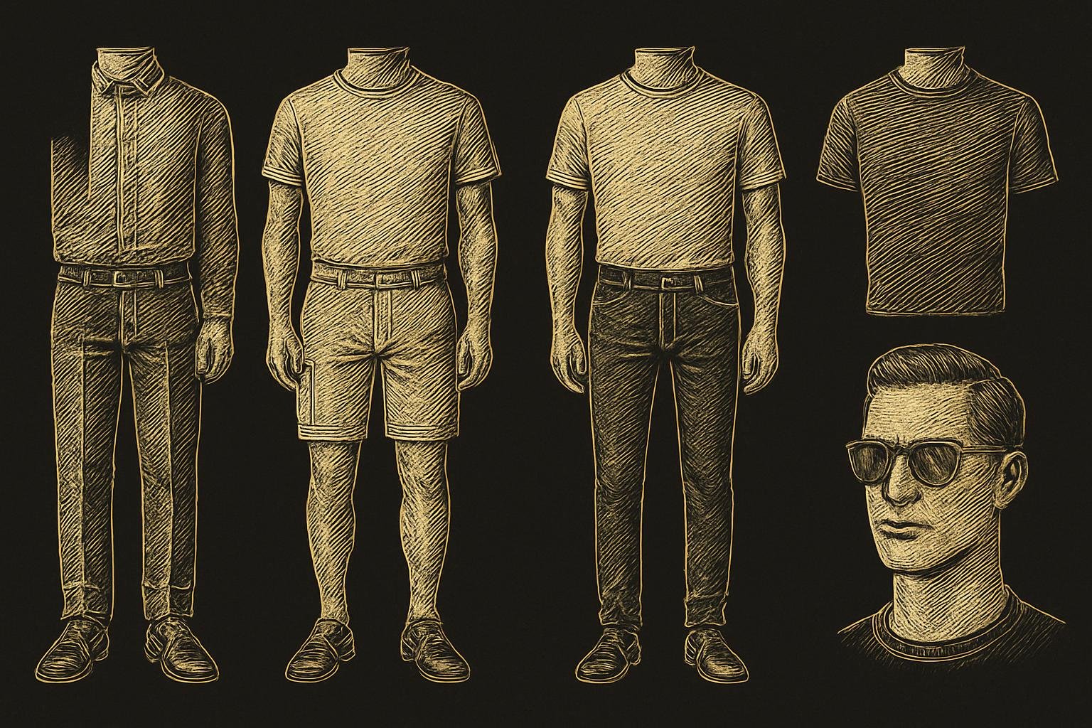 five etched gentleman torsos showing swaps: from square-toe to rounded derby; from cargo shorts to tailored 7–9" chino shorts; from bootcut whiskered jeans to dark slim-straight; from logo tee to solid knit; from wraparound mirrored shades to classic Wayfarer-like frames