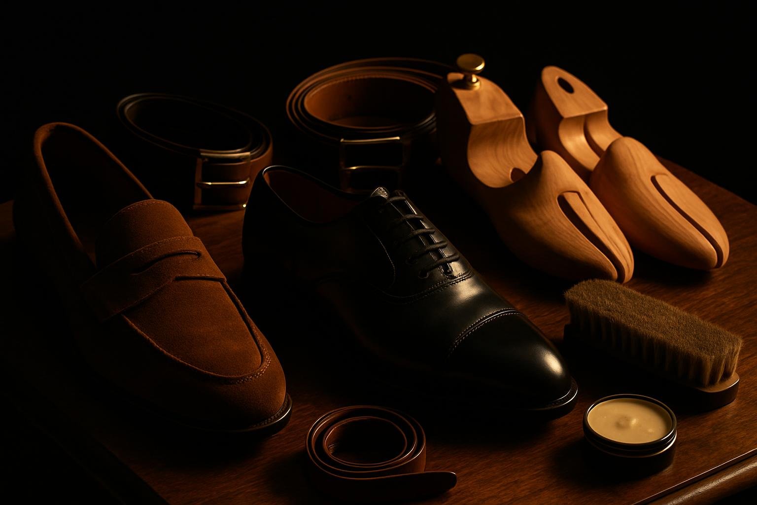 a wooden valet top with a brown suede loafer, black cap-toe oxford, two leather belts coiled, cedar shoe trees, horsehair brush, and a small tin of neutral cream under soft morning light
