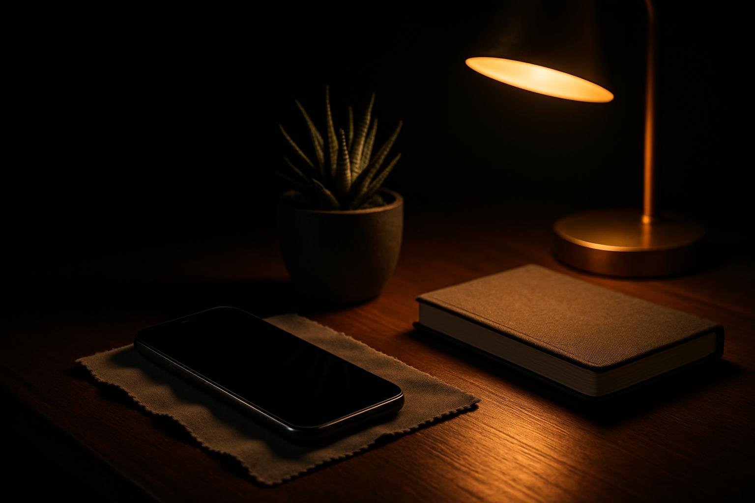 a small still life on a wooden desk: a smartphone, a microfiber cloth, a small potted plant, and a notebook beside a warm desk lamp casting soft side light