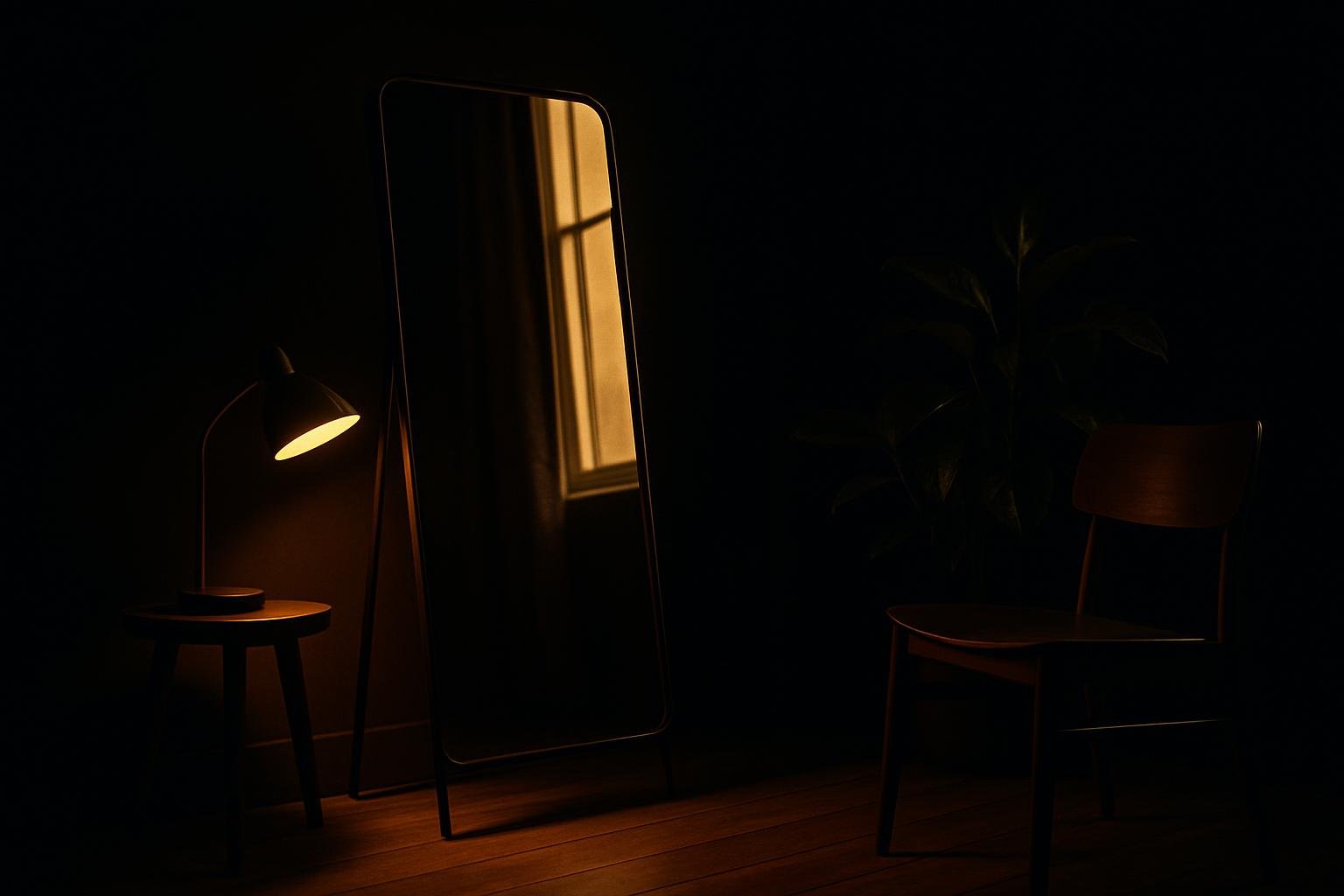 a simple standing mirror near a window with soft morning light, a small table lamp angled toward the mirror, a plant and chair spaced neatly on a clean wood floor
