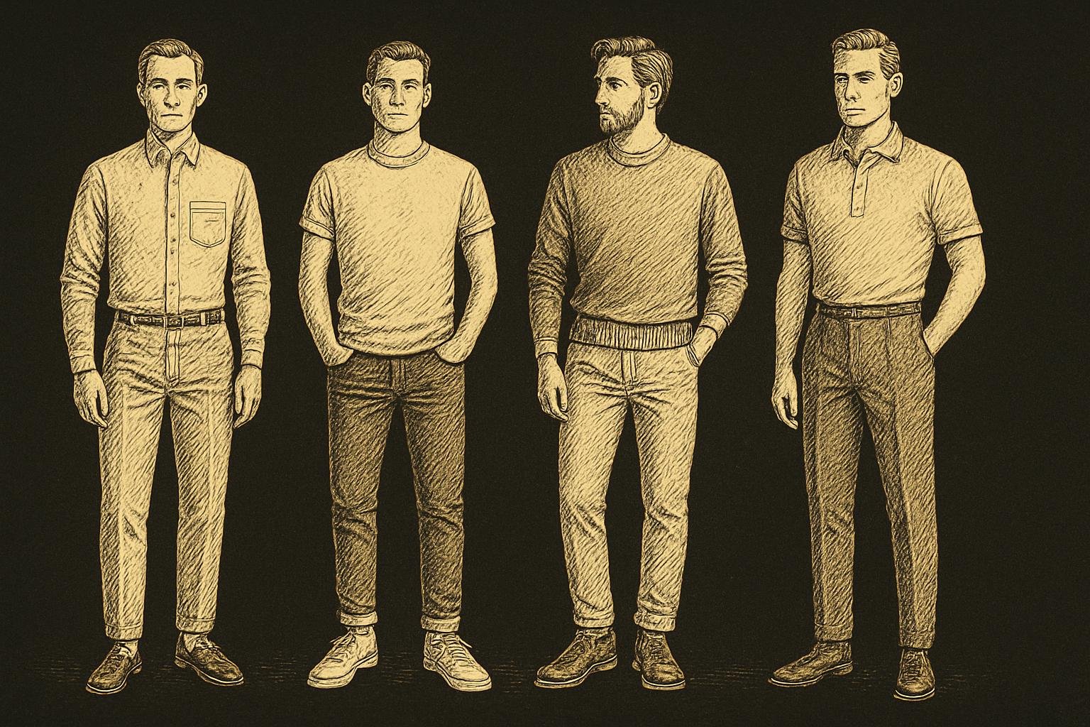 four etched gentleman figures displaying outfit silhouettes: 1) oxford shirt with chinos and loafers; 2) crew tee with dark denim and sneakers; 3) lightweight sweater over tee with chinos and boots; 4) knit polo with tapered trousers