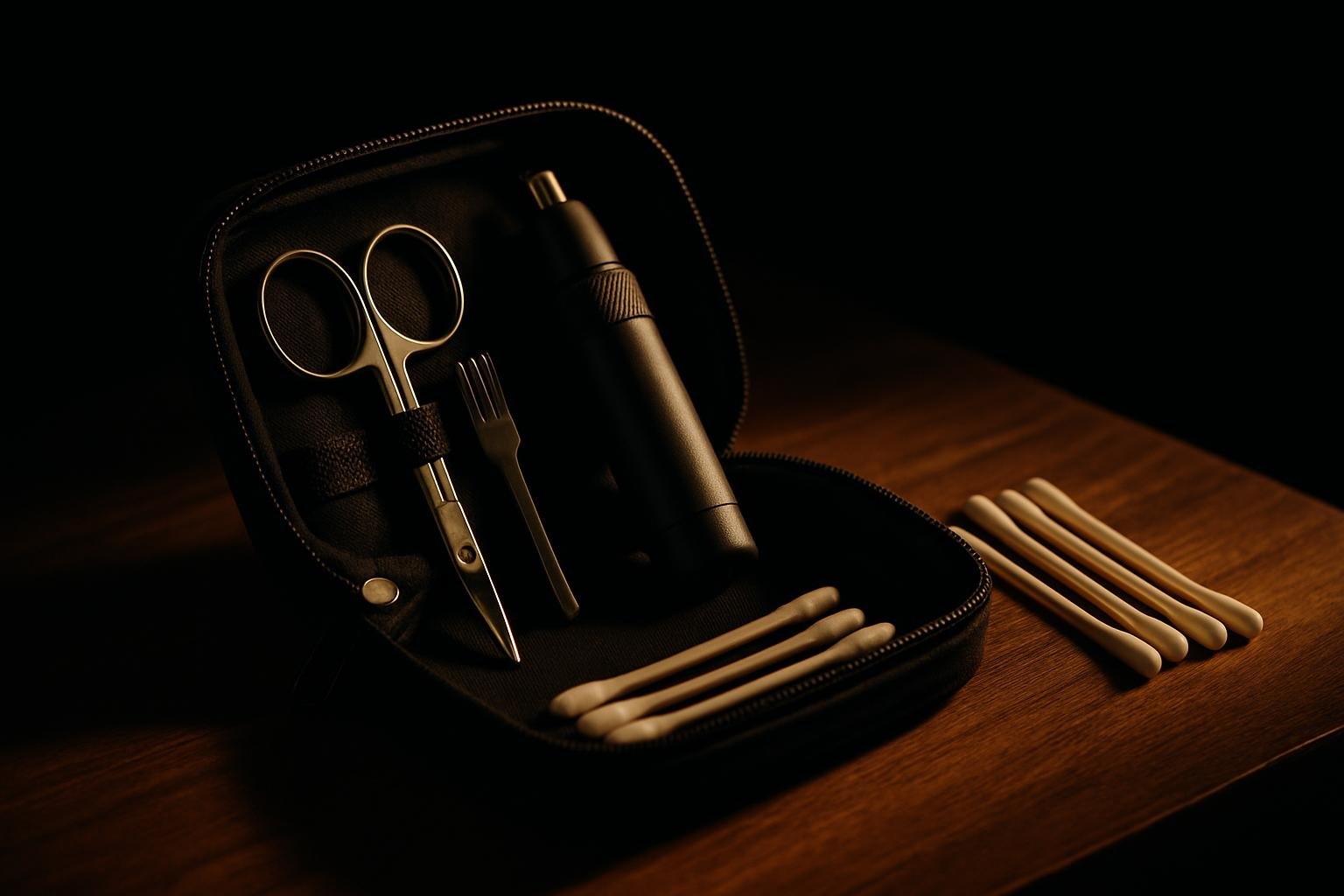 a compact travel pouch unzipped showing a nose trimmer, rounded-tip scissors, a small brush, and cotton swabs on a wooden vanity under soft morning light