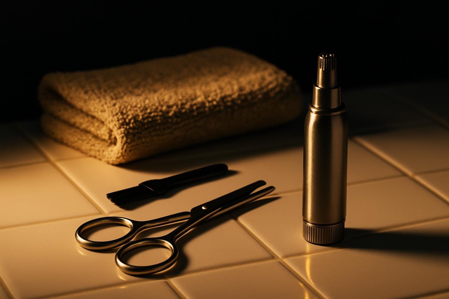 a stainless rotary nose trimmer, rounded-tip grooming scissors, a small cleaning brush, and a folded hand towel arranged on a white tile countertop under bright overhead light