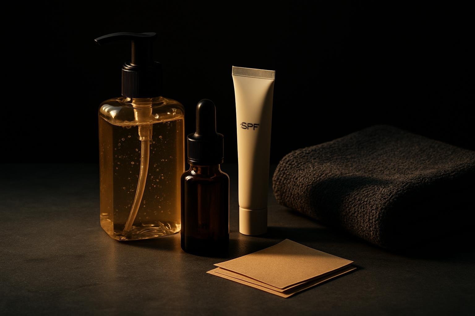 a sinkside still life: a clear pump gel cleanser, a small dropper bottle, a slim white SPF tube, blotting papers, and a folded towel on matte stone under cool morning light