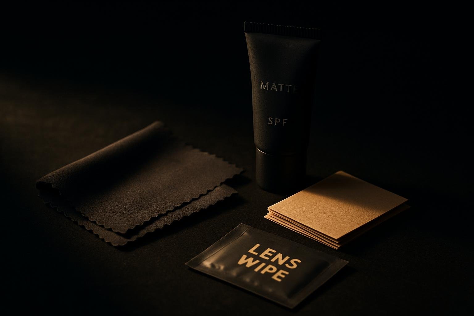 a tabletop arrangement for a quick photo prep: a microfiber cloth, compact blotting papers, a small matte-finish SPF tube, and a lens wipe packet under soft window light