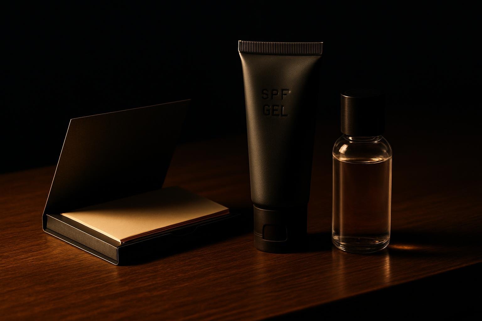 a compact office desk scene: blotting paper booklet, a small SPF gel tube, and a travel-size clear bottle on a wood surface under bright overhead light