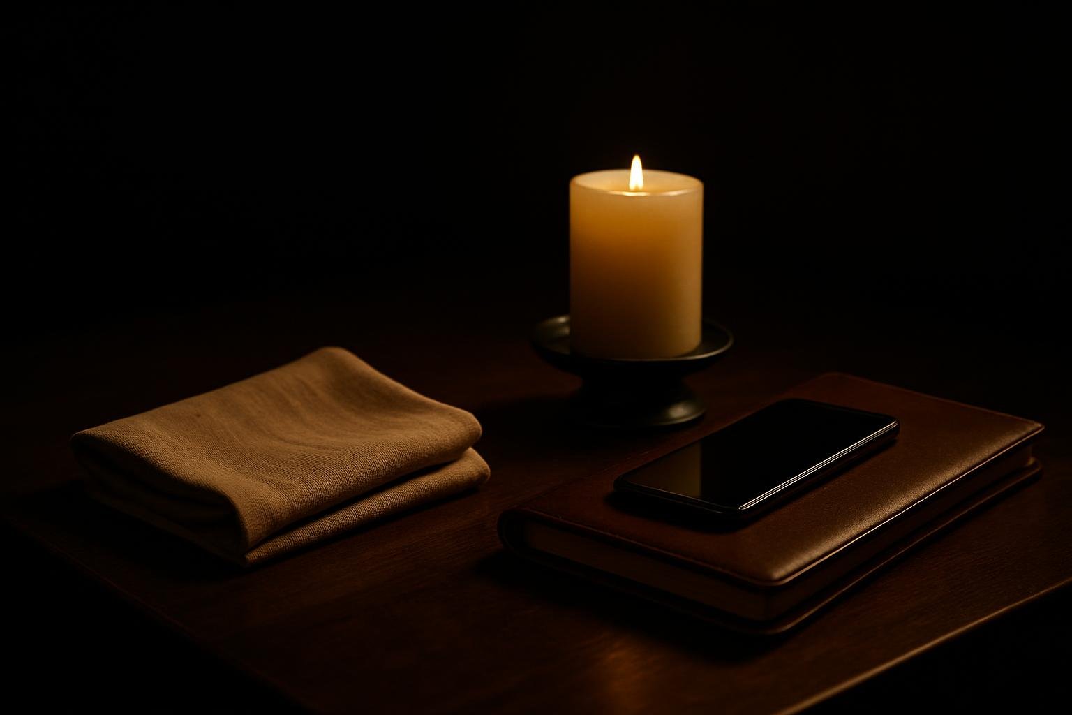 a quiet corner table with a folded linen napkin, an unlit candle, a closed slim phone beside a leather-bound notebook; warm restaurant lighting; no people or readable screens