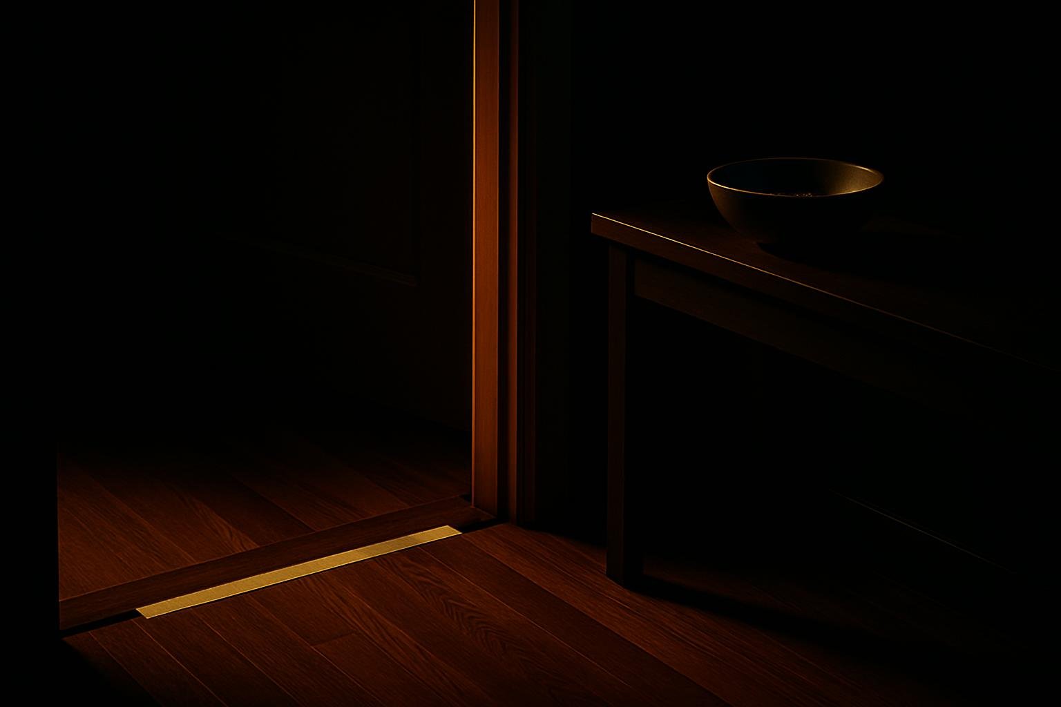 a doorway with a simple floor line marked by tape, a small bowl for keys on a console, and warm evening light casting long shadows across a hardwood floor