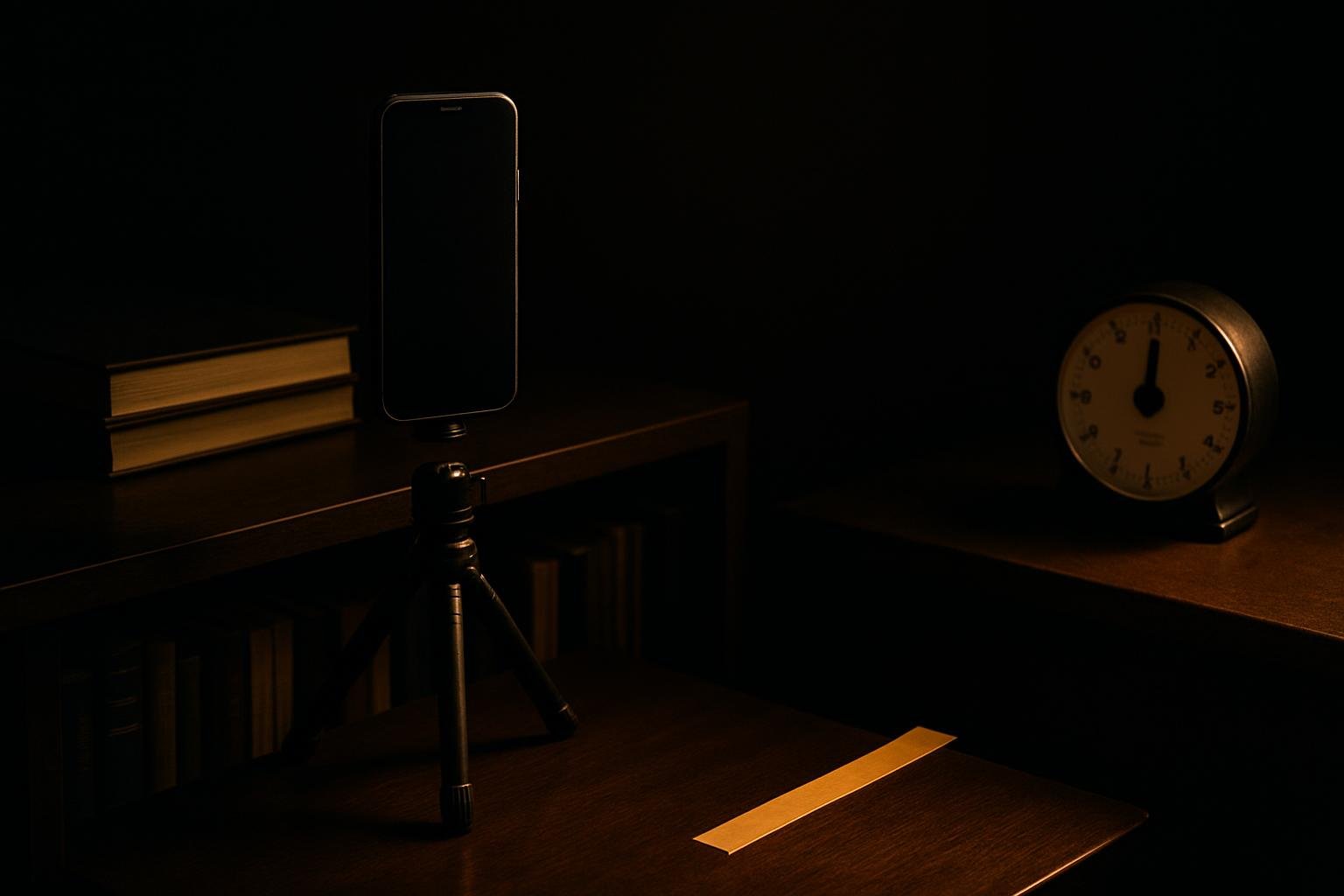 a small tripod on a bookshelf, a phone at eye height, a strip of painter’s tape on the floor marking a 15-degree angle, and a simple analog timer on a nearby table
