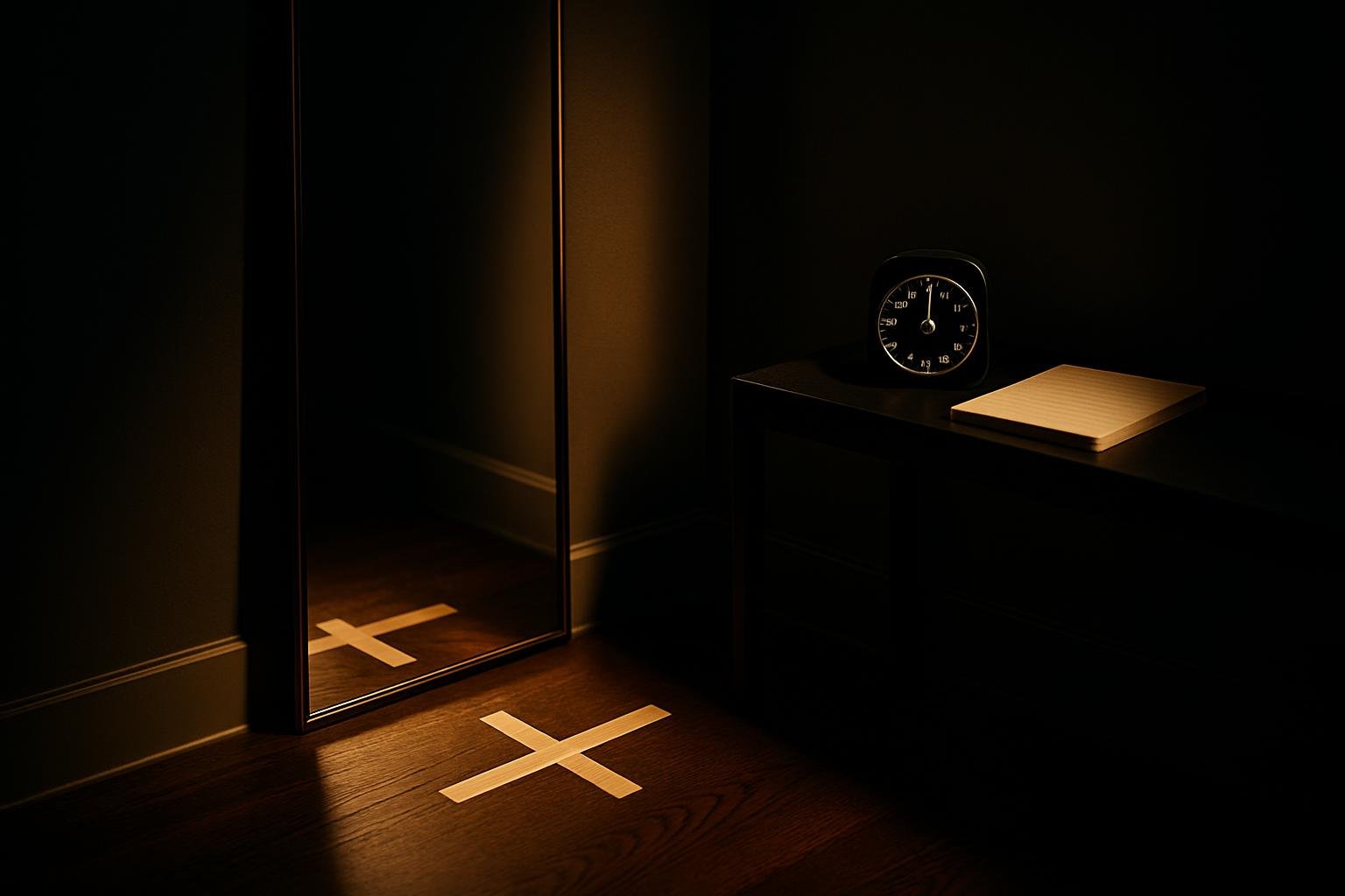a clean hallway corner with a floor mirror, masking tape marks for foot placement, a simple analog timer, and a notepad on a console table under soft morning light