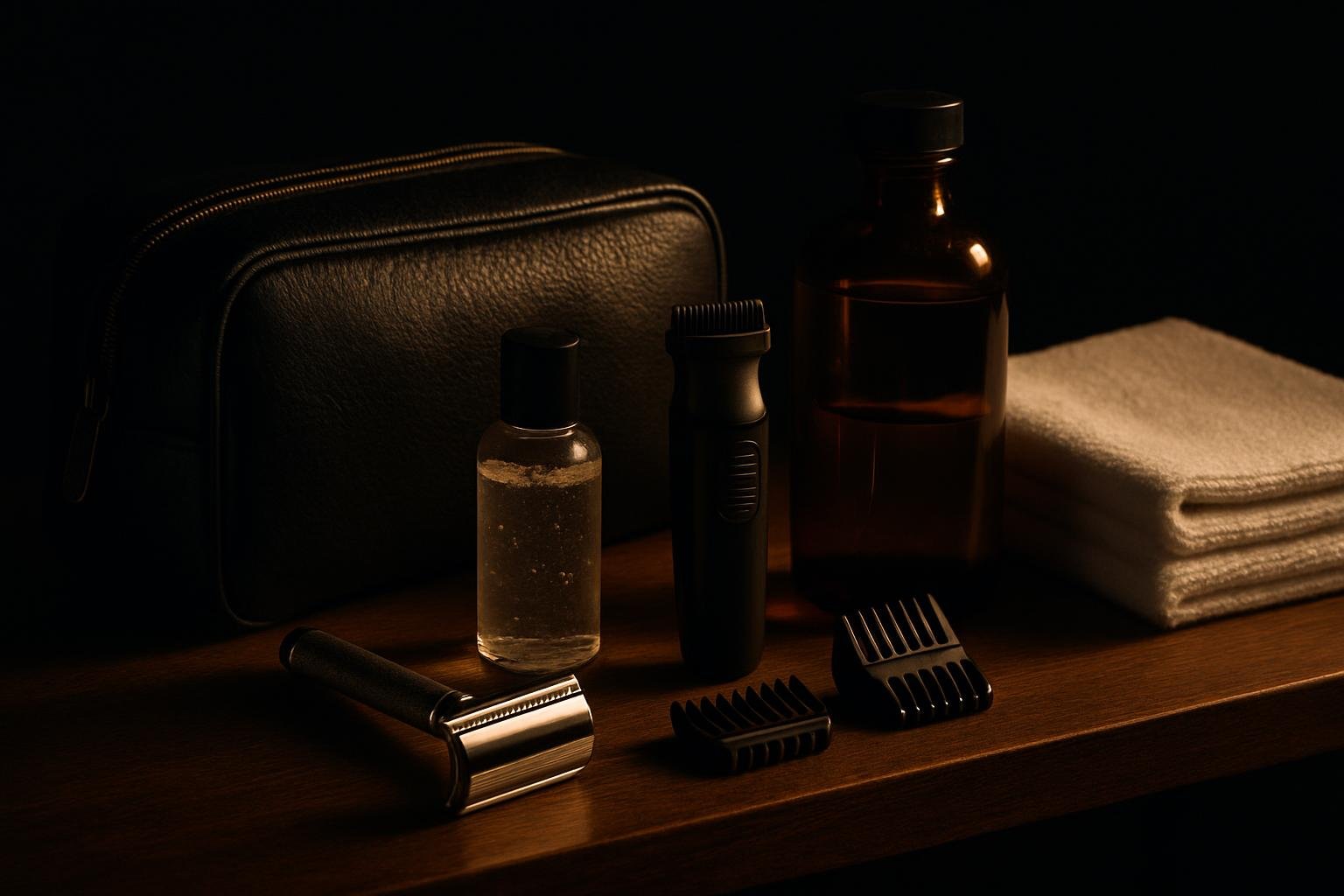 A tidy dopp kit on a wooden shelf: safety razor, compact trimmer with two guards, small clear shave gel, witch hazel bottle, and a folded white towel in soft afternoon light. No brands, no text.