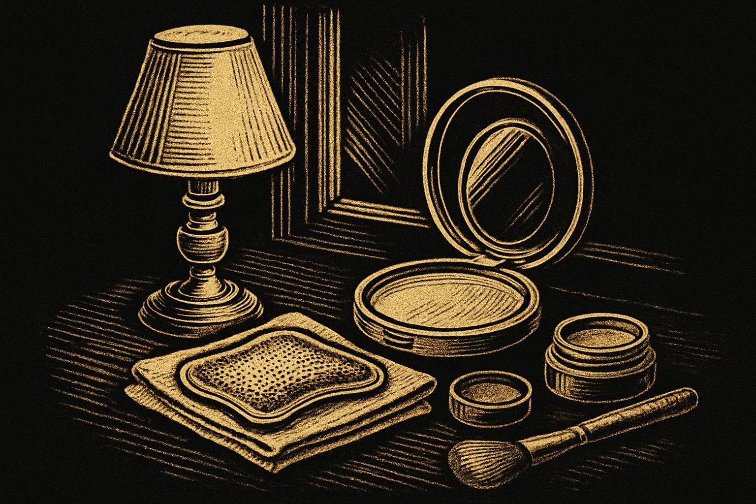 a small tabletop scene with a window-lit lamp, a compact mirror, a chilled gel pack on a folded cloth, and a neutral-tone concealer pot beside a soft-bristle brush