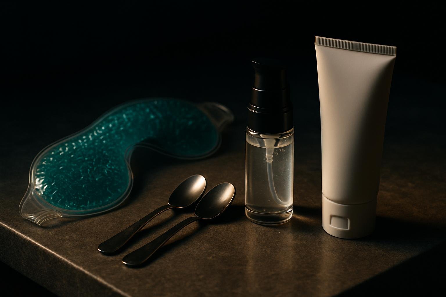 a chilled gel eye mask, two stainless teaspoons, a small airless pump of clear gel, and a white SPF tube arranged on a stone bathroom counter under soft daylight