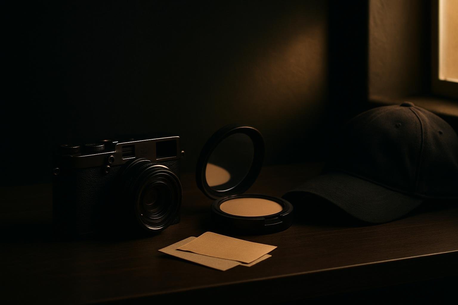 a small camera on a table beside a compact powder, blotting papers, and a folded baseball cap; soft window light falls across a matte-painted wall in the background