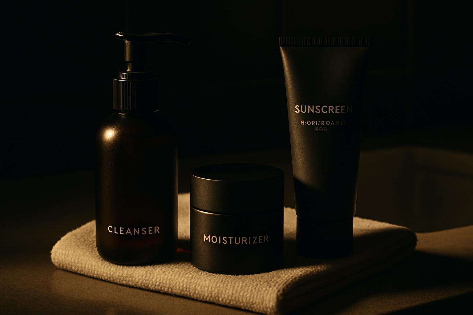 a clean bathroom counter with a mild cleanser pump, a small matte moisturizer, a sunscreen tube labeled broad-spectrum (text not readable), and a folded white towel under soft morning light