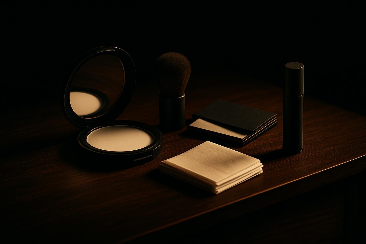 a compact translucent powder, a small travel brush, a pack of blotting papers, folded tissues, and a matte lip balm arranged neatly on a wooden dresser under soft window light