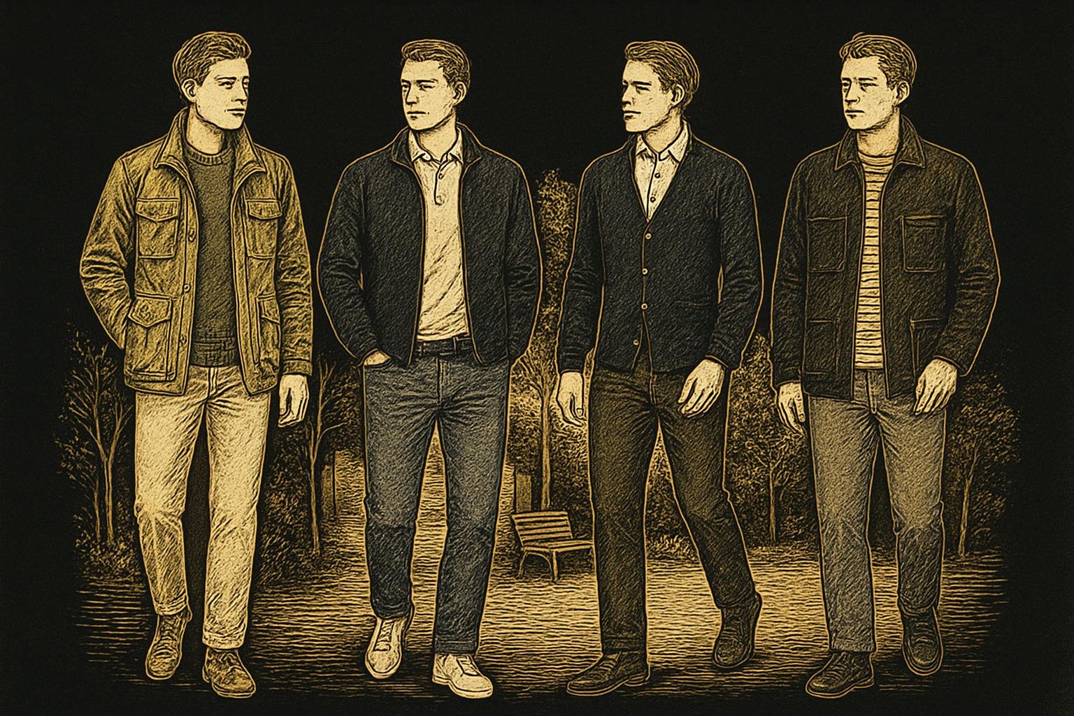 four etched figures in casual settings showing: A) olive field jacket over heather gray knit with stone chinos and tan chukkas; B) navy bomber with ecru polo and mid-wash jeans, white sneakers; C) navy merino cardigan over white Oxford with dark olive five-pockets and brown loafers; D) dark chore jacket over striped tee with gray chinos