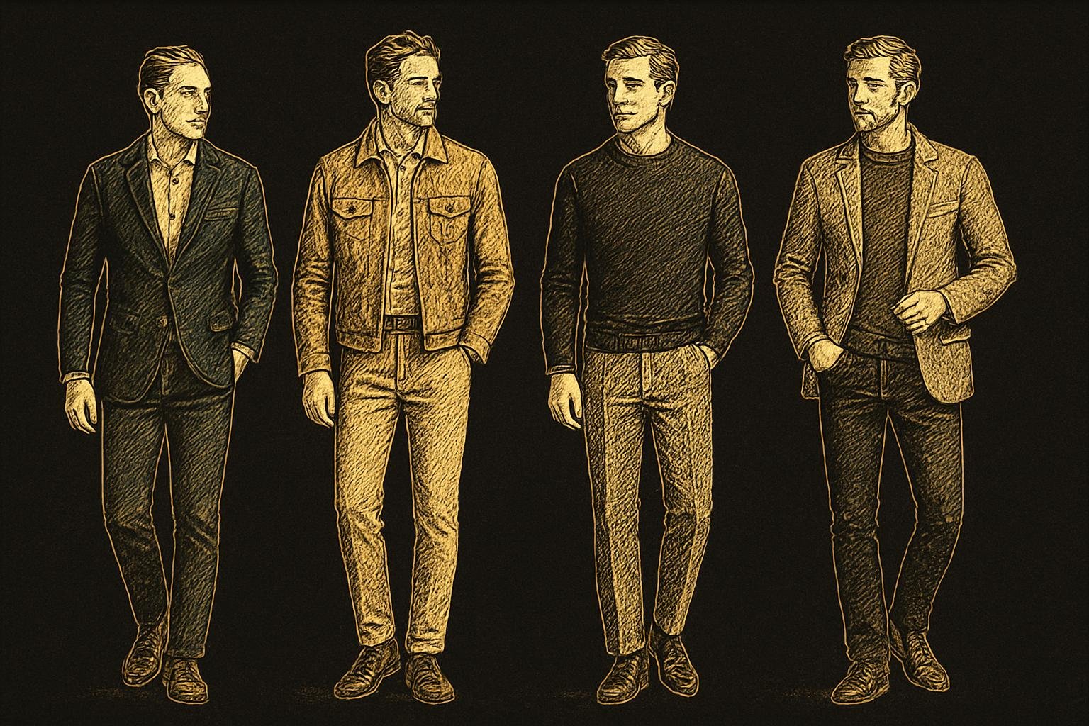 four etched gentleman three-quarter figures showing: A) navy sport coat with light blue shirt and dark denim, brown suede loafers; B) tobacco suede trucker with ecru knit polo and taupe chinos, dark brown chukkas; C) charcoal crewneck with gray flannel trousers and black loafers; D) gray herringbone sport coat over burgundy fine-gauge knit with black jeans