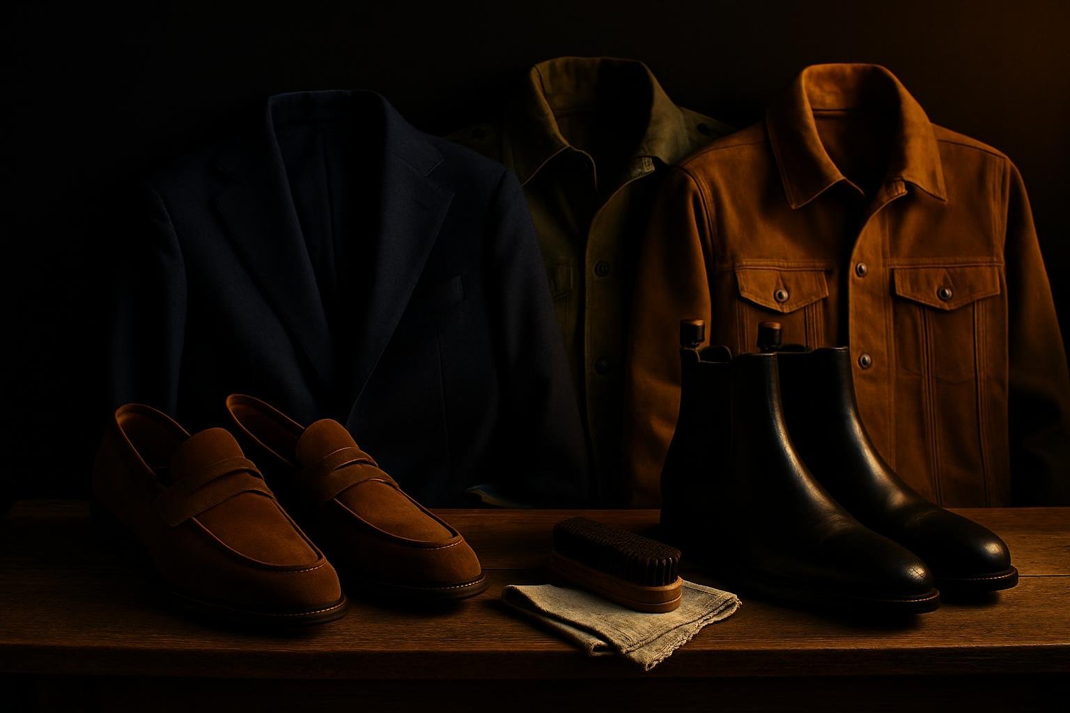 a neatly arranged still-life of brown suede loafers, black Chelsea boots, a navy hopsack sport coat, an olive field jacket, and a suede trucker on a wooden bench under soft window light with a shoe brush and cloth nearby