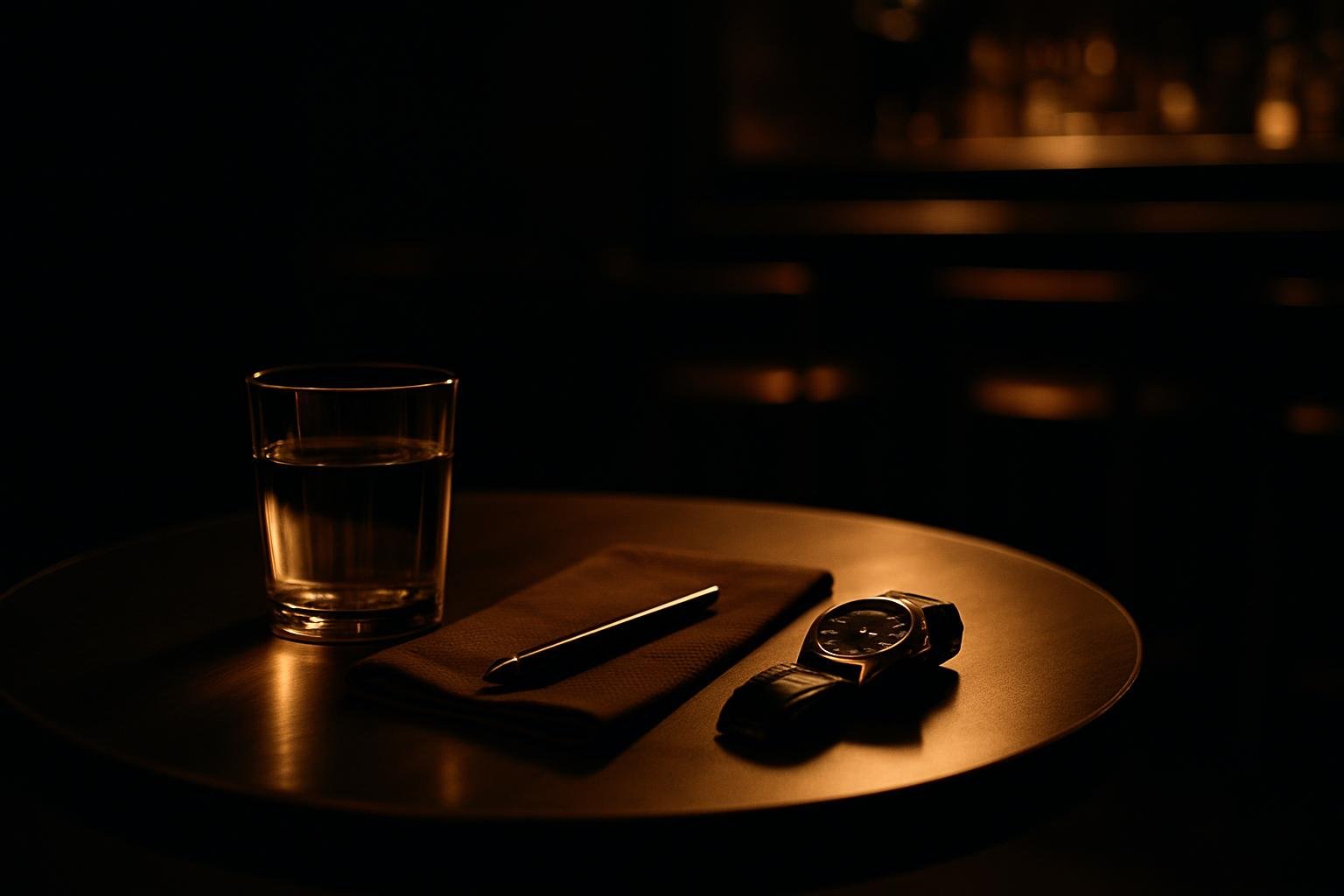 A small round table set with a water glass, cloth napkin, pen, and a wristwatch under warm evening light; soft background blur of a quiet bar interior; no people in frame.
