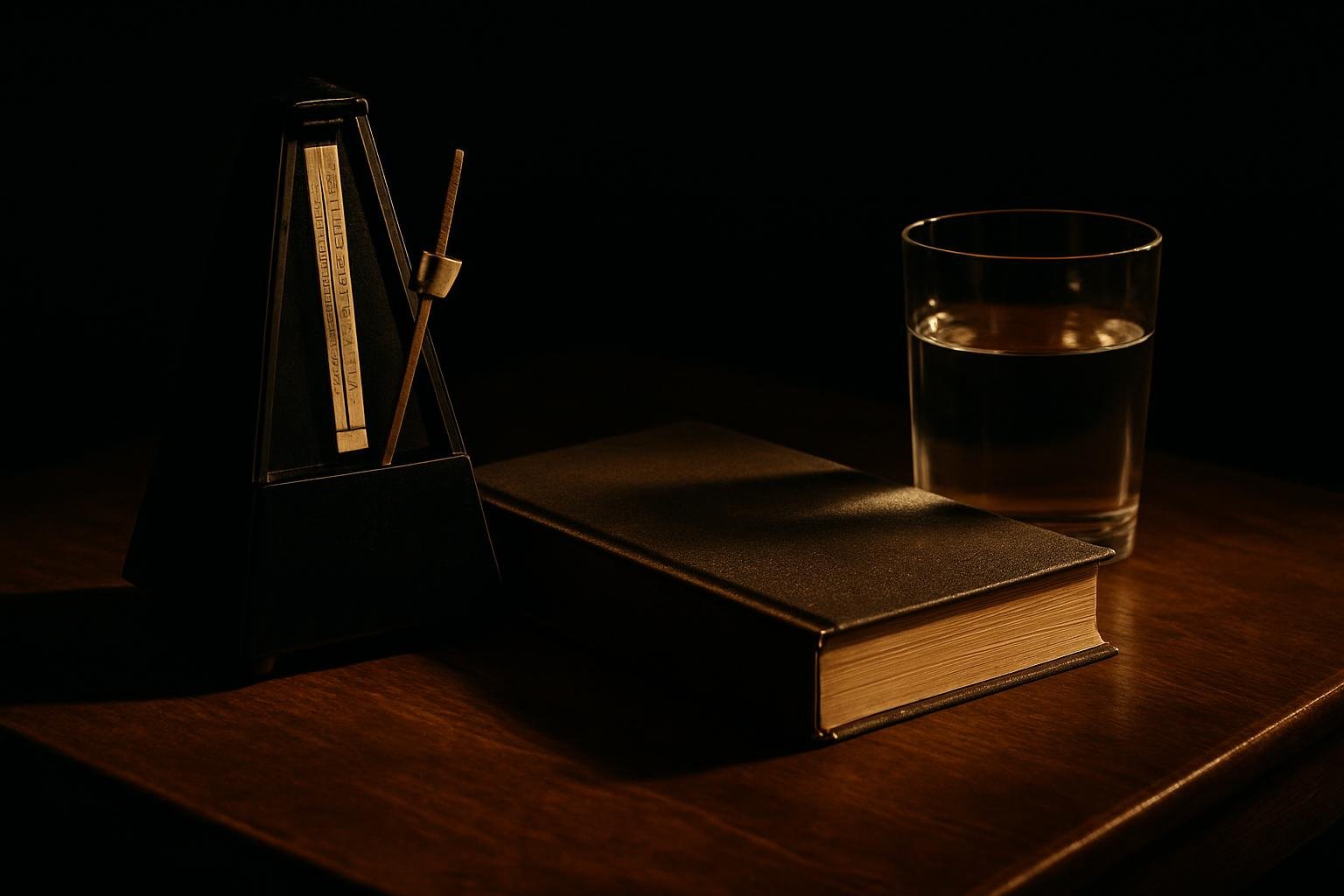 a small analog metronome, a hardcover book, and a glass of water arranged on a wooden table under warm afternoon window light
