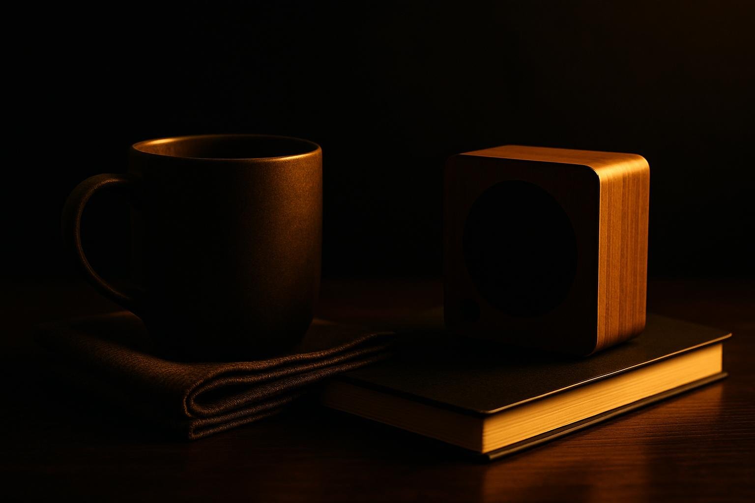 a ceramic mug, folded cloth napkin, and a small wooden tabletop speaker silhouette with no branding beside a hardcover notebook under warm bar lighting