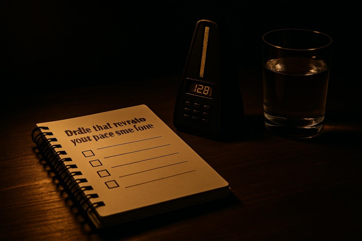 a spiral notebook open with a short checklist, a simple digital metronome device beside it, and a glass of water on a wooden desk under warm lamplight; no screens with readable UI, no logos