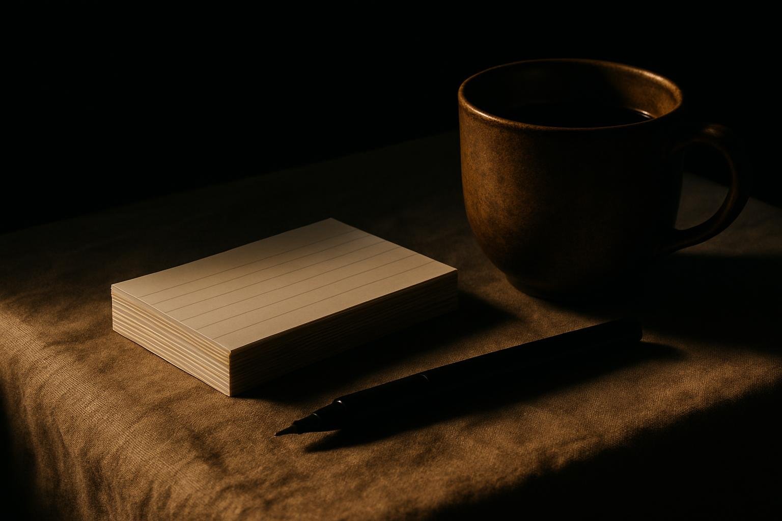 a small stack of blank index cards, a fine-tip black pen, and a ceramic cup on a linen tablecloth under morning window light
