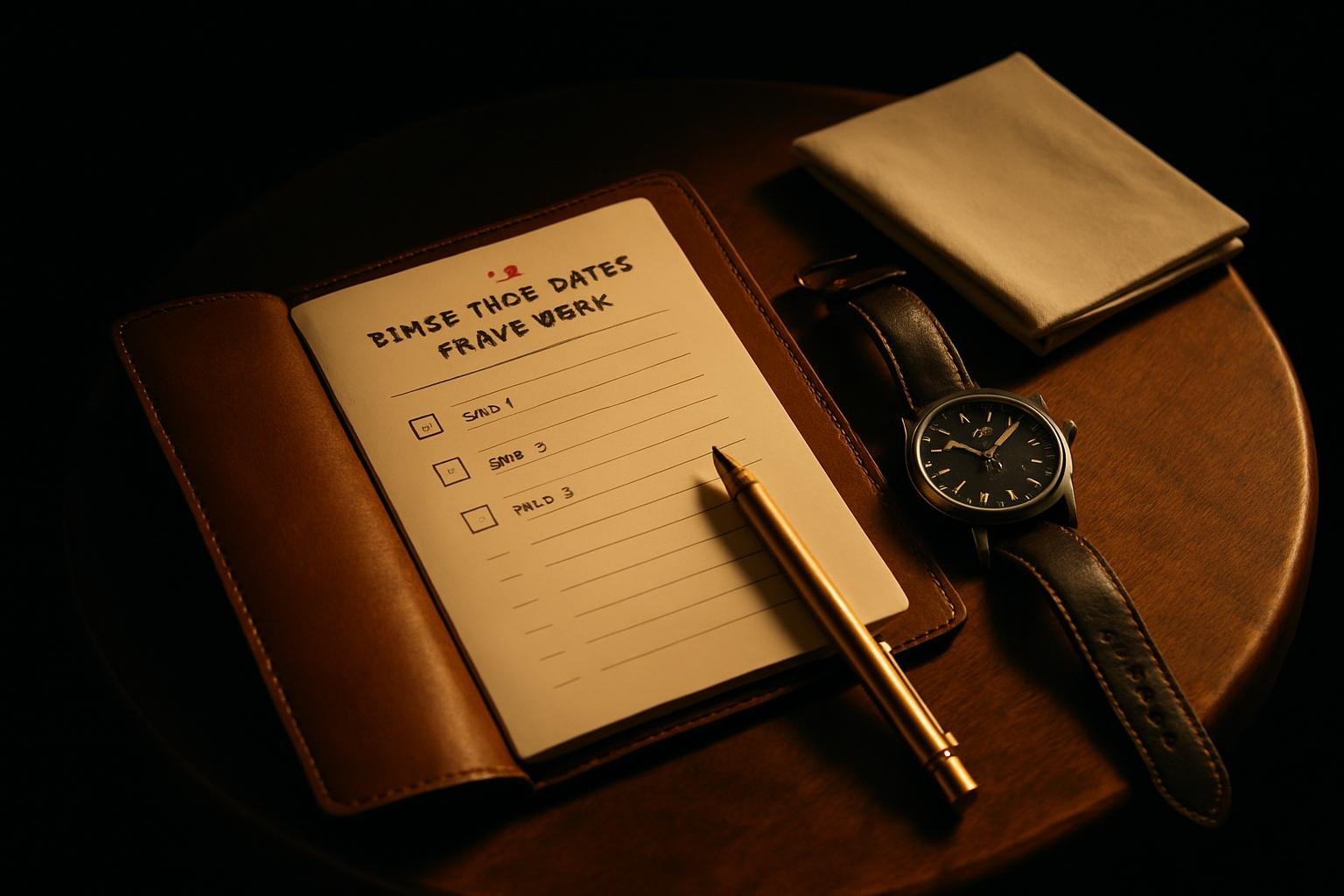 a leather notebook open to a tidy checklist with a brass pen, a wristwatch, and a folded napkin on a small wooden cafe table under warm afternoon light