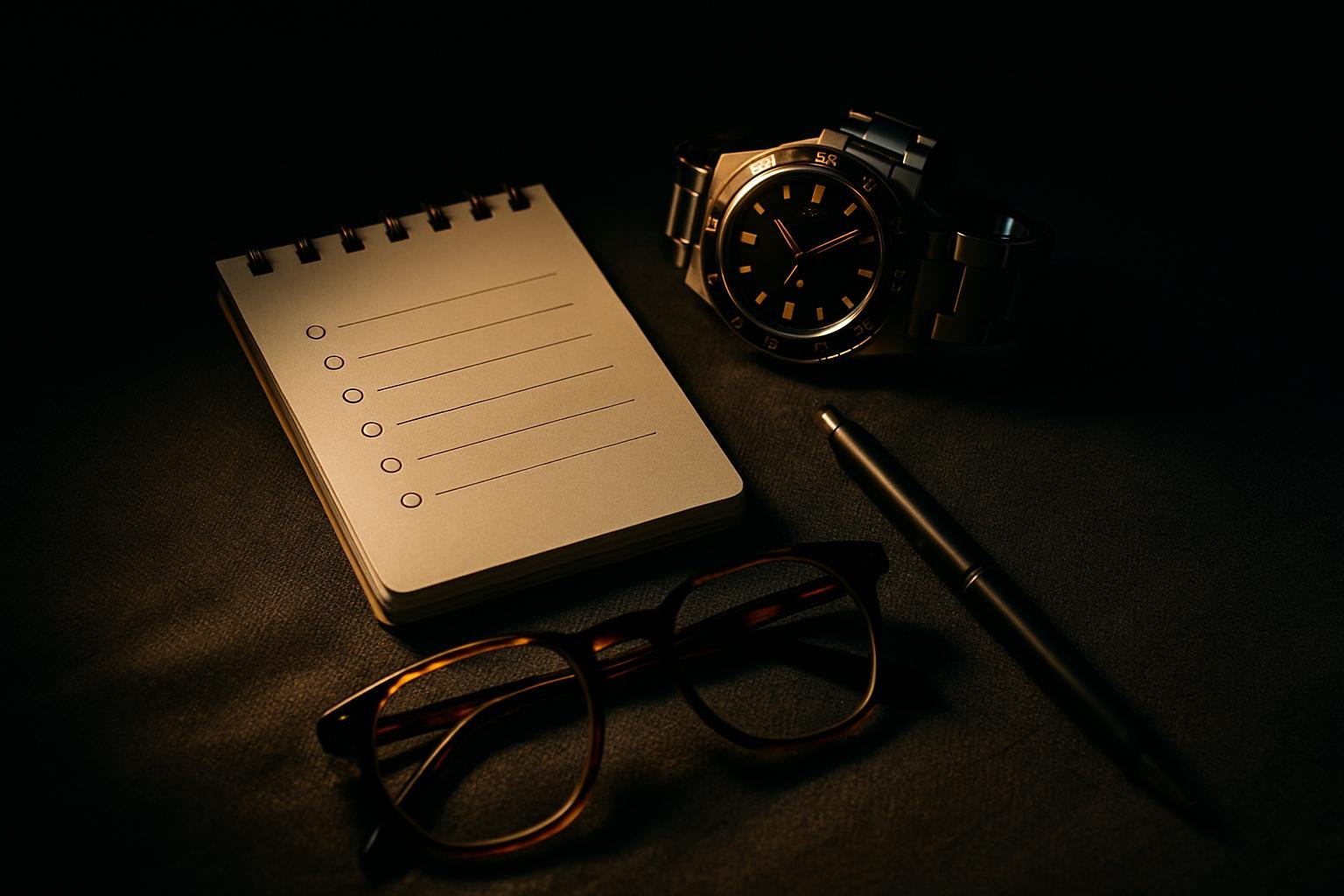 a compact checklist scene: a small notepad with five bullet points, a wristwatch, a pair of tortoiseshell glasses, and a simple metal pen on a gray fabric surface under soft top light