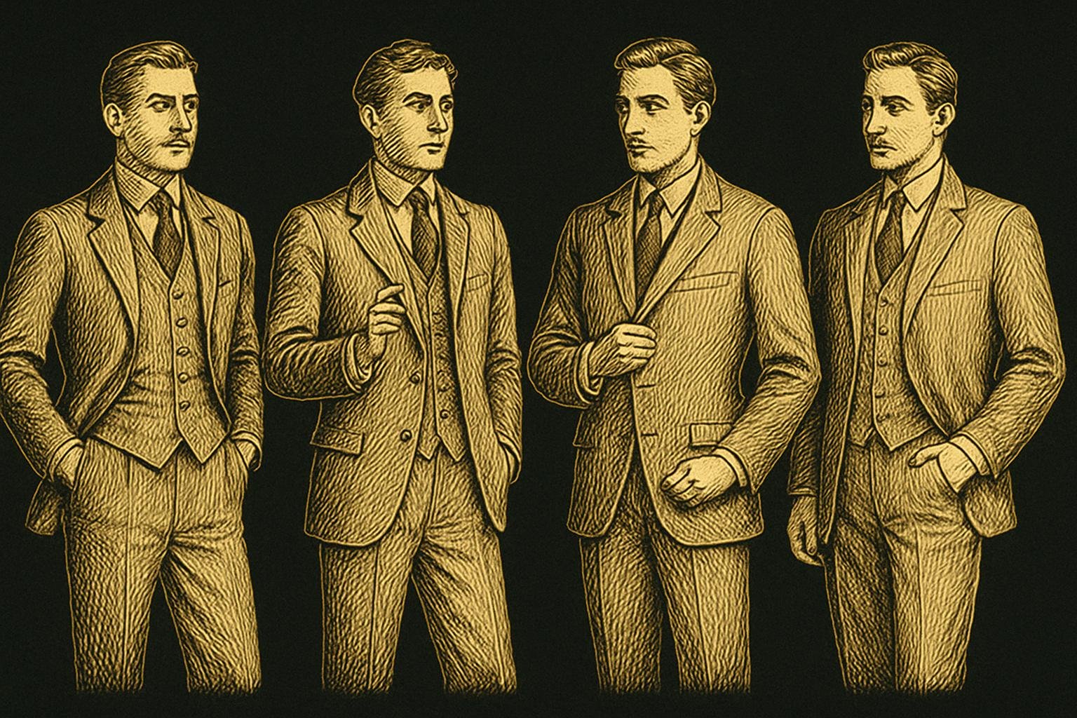 four etched gentleman three-quarter figures, each showing a different standing hand placement: thumbs-in front pockets, one hand in pocket with the other mid-gesture, light jacket-placket touch, belt-thumb hook; clean linework on cream background