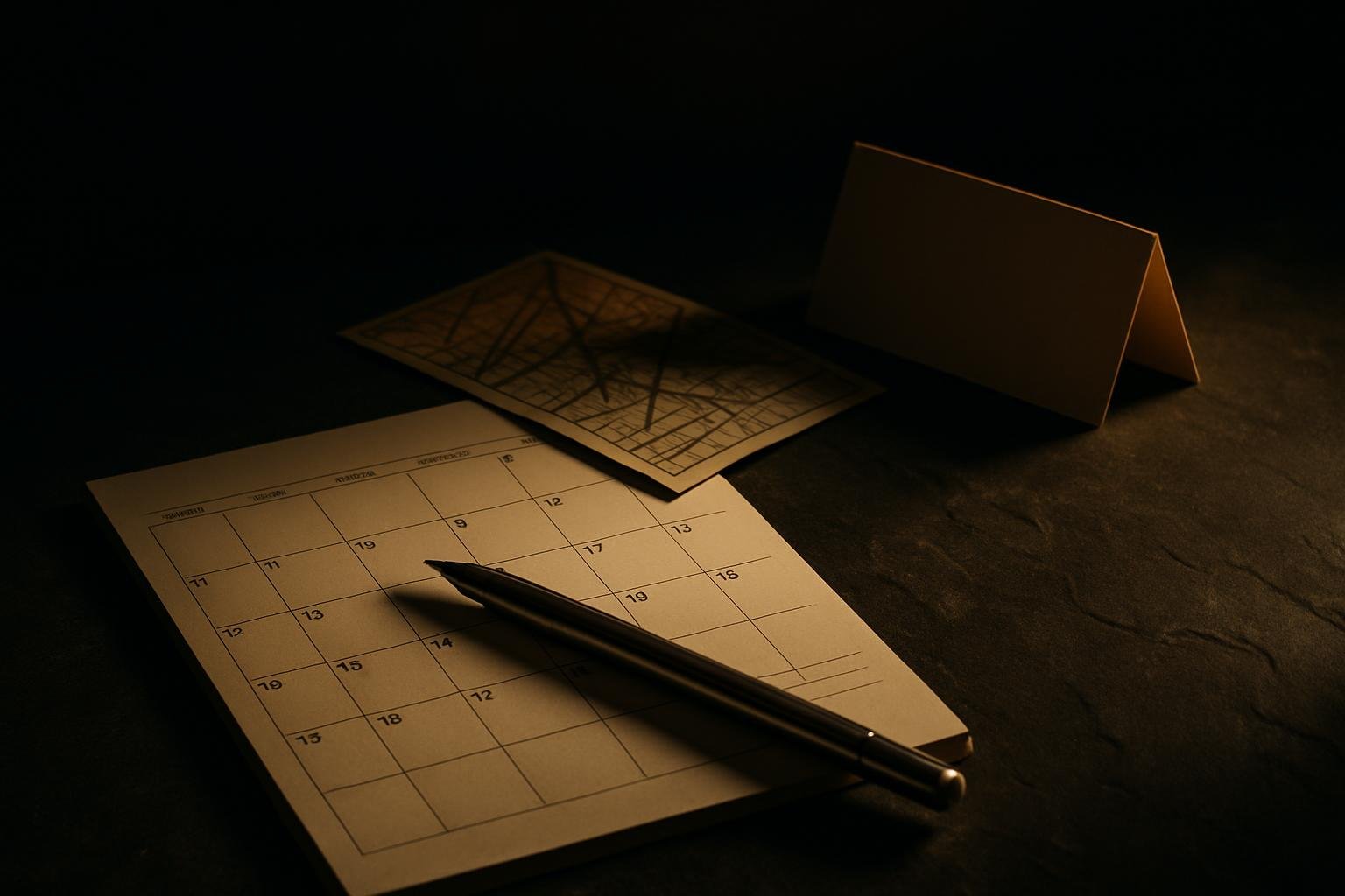 A paper calendar page with a metal pen, a small city map, and a blank place card arranged on a slate surface under soft afternoon light.