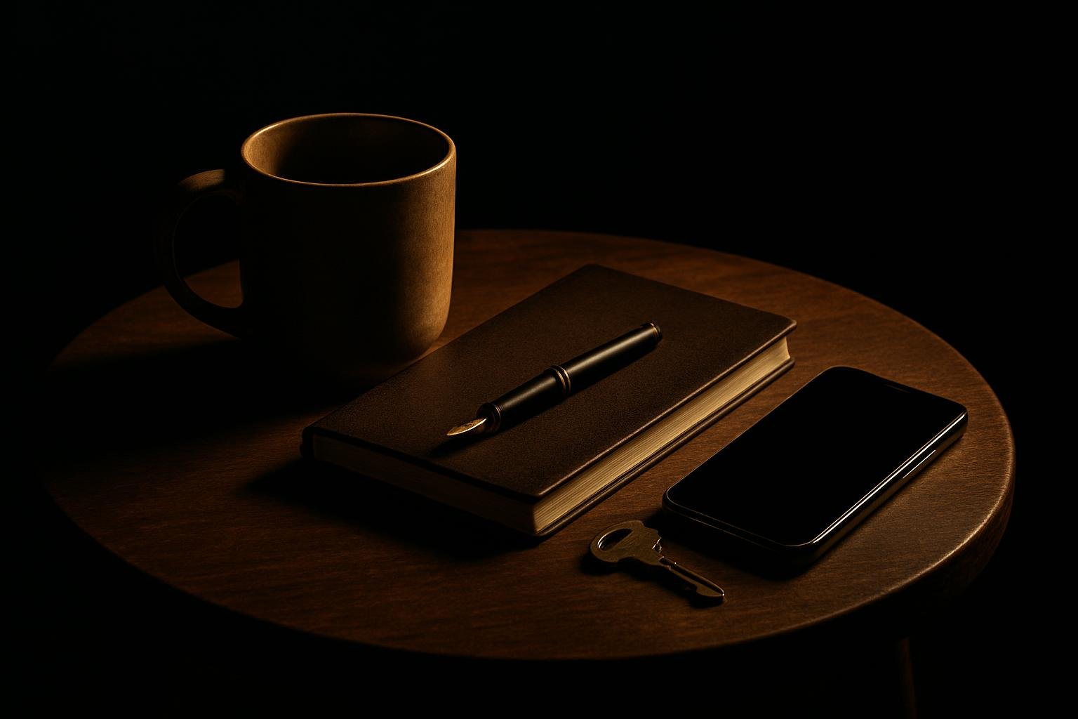 A small wooden table with a ceramic mug, a closed notebook, a fountain pen, and a silent phone face down beside a door key under warm morning light.