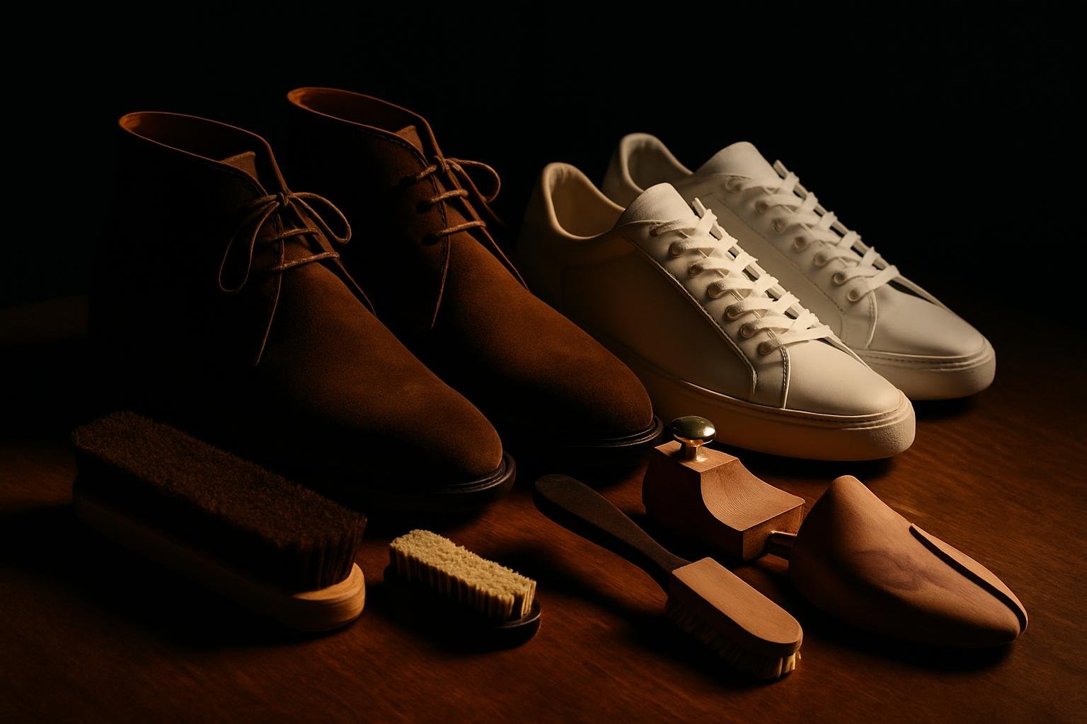 a pair of brown suede chukkas, white minimal leather sneakers, a horsehair brush, a crepe suede brush, and cedar shoe trees on a wooden table under soft window light