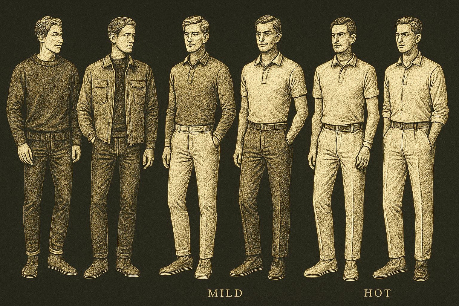 six etched gentleman figures showing three coffee-date outfits: cold—crewneck sweater under a wool overshirt with dark tapered jeans and suede chukkas; mild—long-sleeve polo with tapered chinos and suede sneakers; hot—cotton-linen polo with airy trousers and minimal leather sneakers; include alternate looks for each climate with loafers or wool trousers.