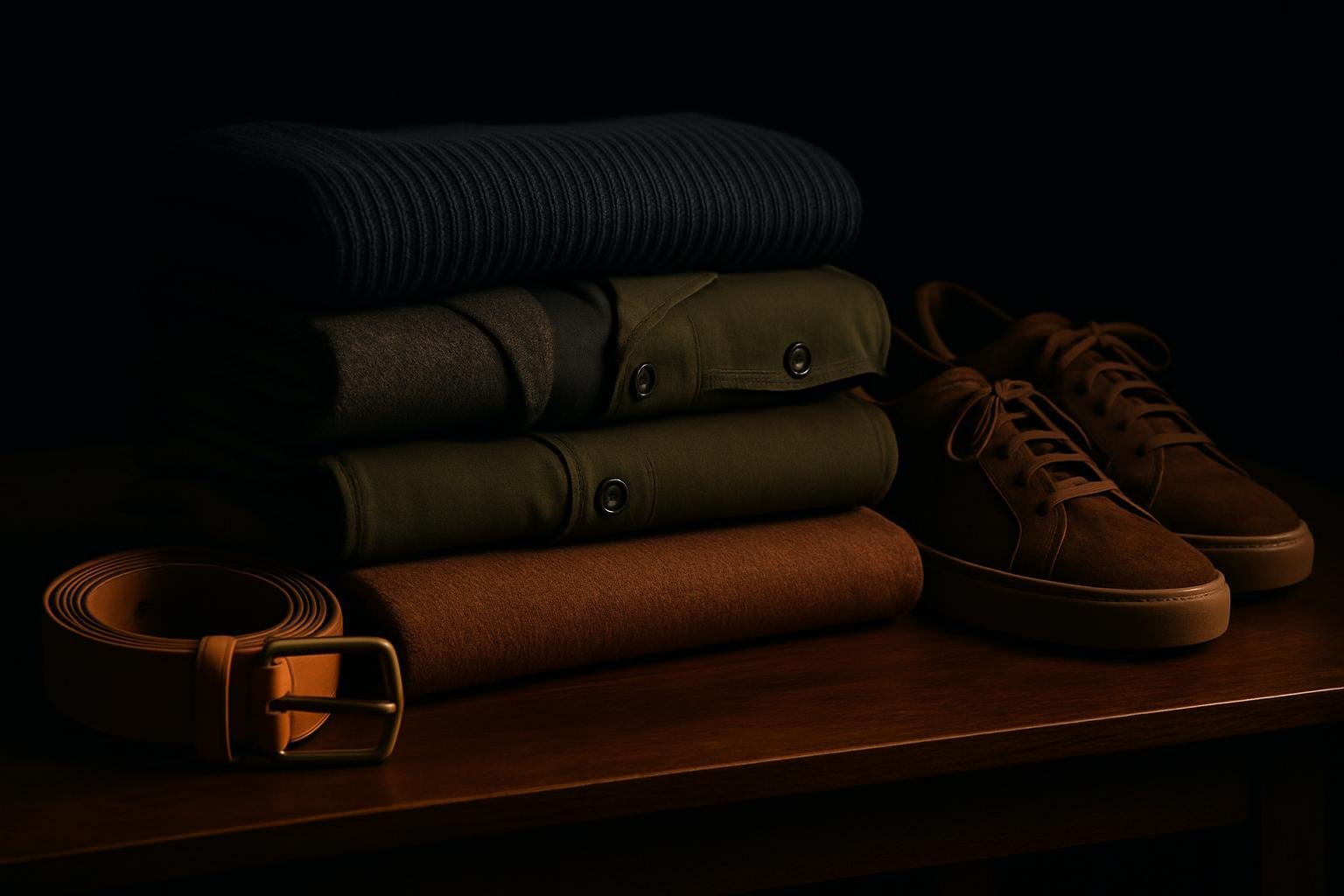 A neatly folded navy knit, charcoal sport coat, olive overshirt, and cocoa sweater stacked on a wooden table beside a tan belt and brown suede sneakers under soft window light.