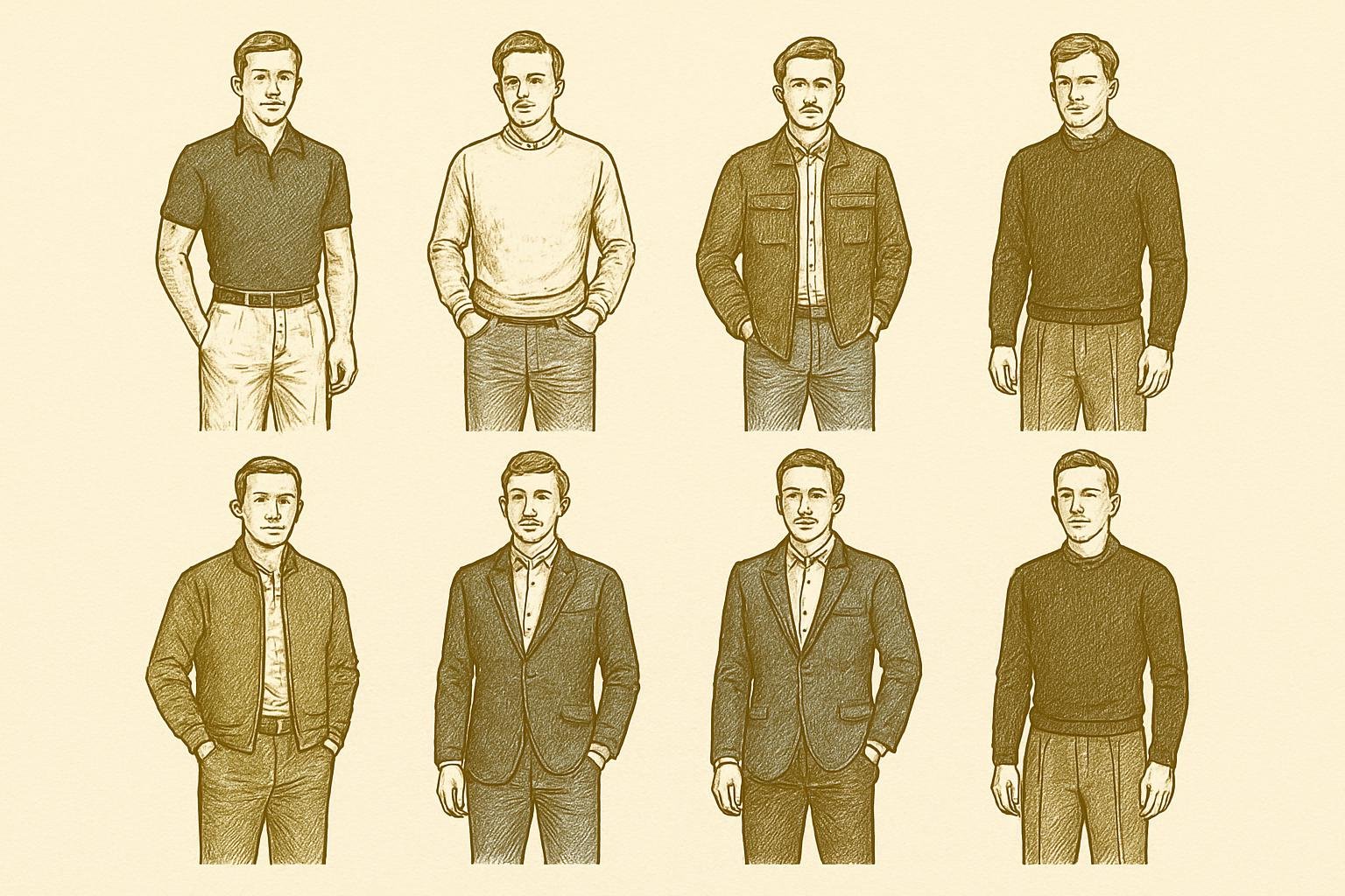 Six etched gentleman figures, each in a distinct outfit: navy knit polo with chinos; oatmeal crew with jeans; forest overshirt with Oxford and mid-wash denim; charcoal bomber with henley and olive chinos; navy blazer with dark jeans; black knit with charcoal trousers. Clean vintage plate style on white.