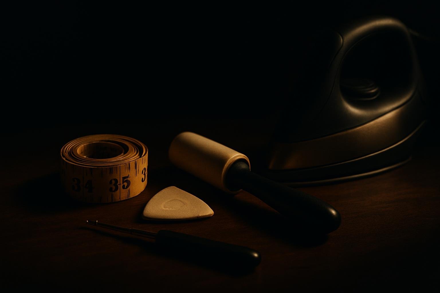 a tailor’s tape, chalk, seam ripper, lint roller, and a steam iron arranged on a wooden table under soft window light