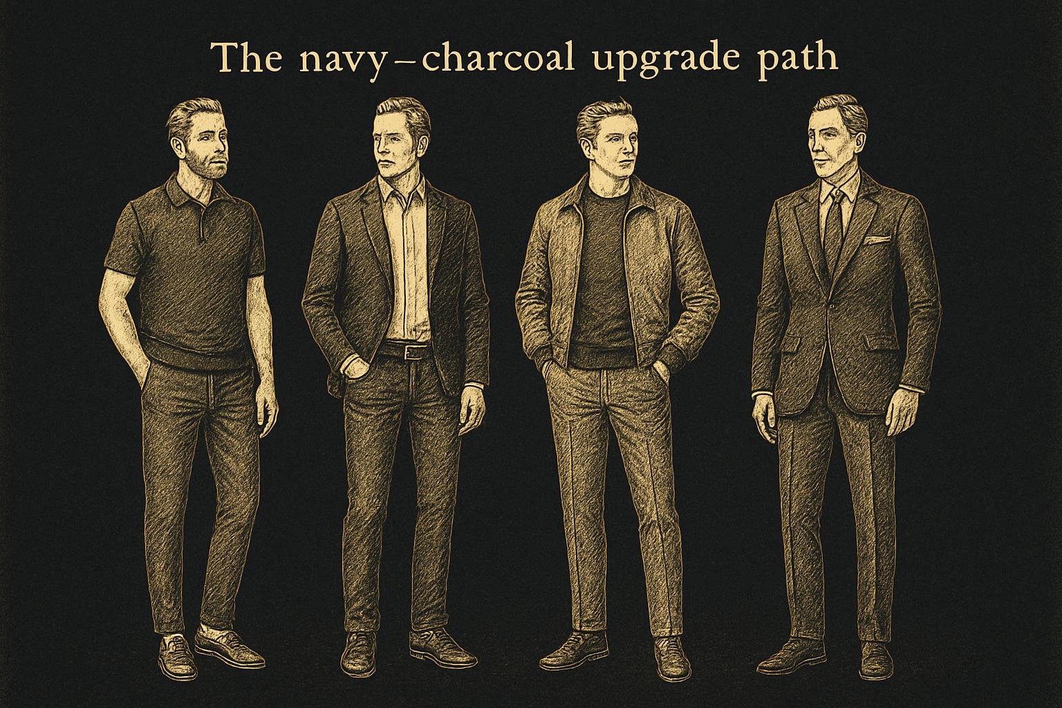 four etched gentleman figures showing over-40 date-night silhouettes: 1) navy knit polo with charcoal chinos and loafers; 2) white Oxford under unstructured navy blazer with dark jeans and derbies; 3) merino crewneck with grey wool trousers and suede bomber; 4) dress shirt, navy blazer, charcoal trousers, and oxford shoes
