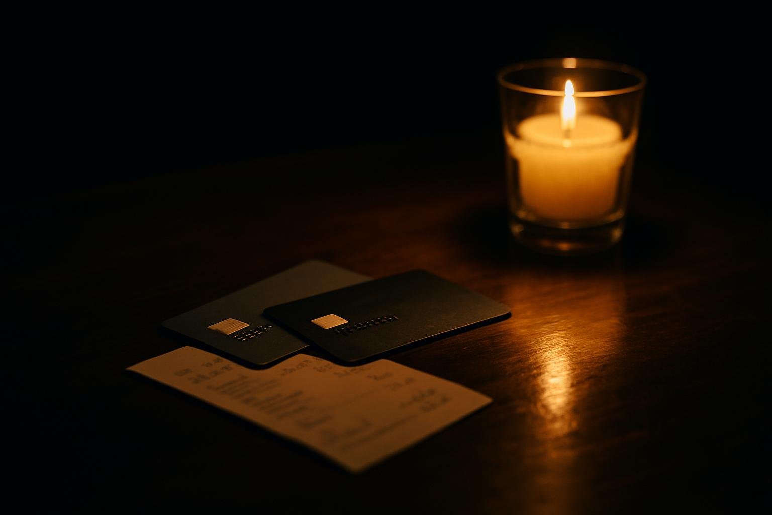 a dim bar top with two credit cards, a printed receipt, and a small glass candle casting warm reflections on polished wood
