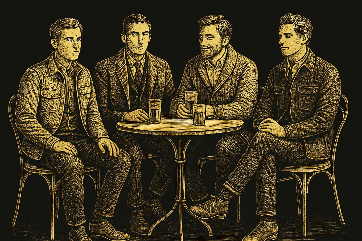 four etched gentlemen seated at a bistro table in winter layers: 1) cord shirt with liner vest; 2) knit polo and cardigan under a topcoat; 3) oxford and chunky shawl cardigan; 4) wool chore over dark denim with chukkas
