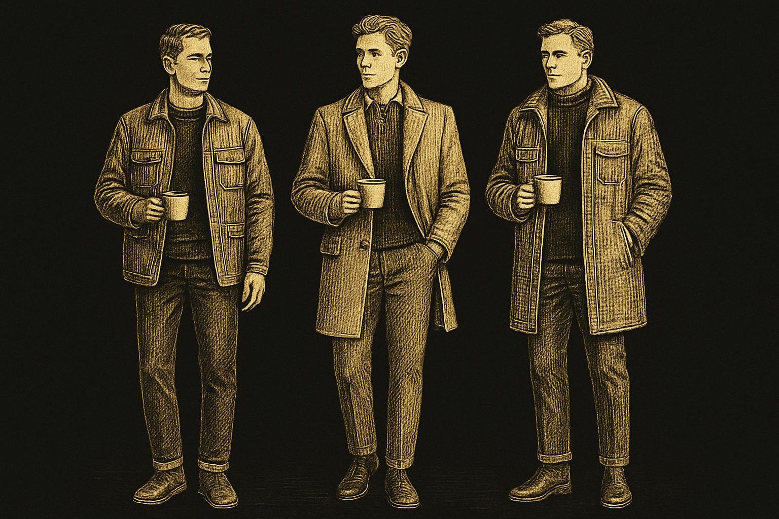 three etched gentlemen in winter coffee-date looks: 1) dark denim, merino crew, wool chore; 2) knit polo under topcoat with chukkas; 3) heavy crew, lined overshirt, insulated topcoat with Chelsea boots