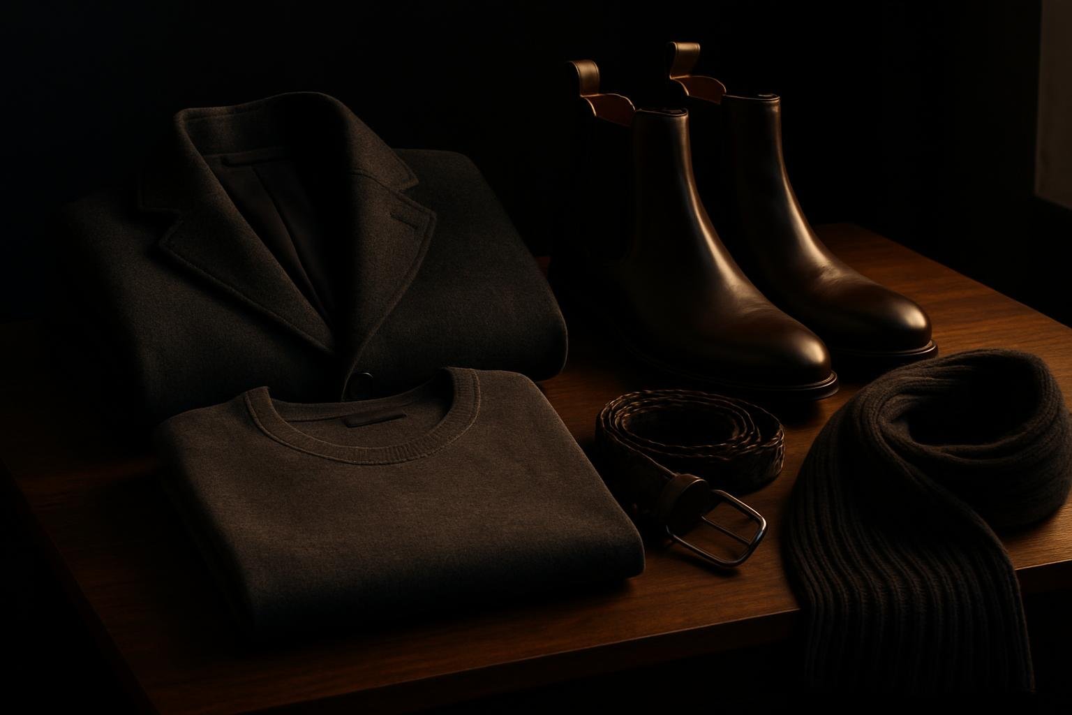 a wool topcoat folded beside a merino crewneck, leather Chelsea boots, a braided leather belt, and a ribbed scarf arranged on a walnut table under soft window light